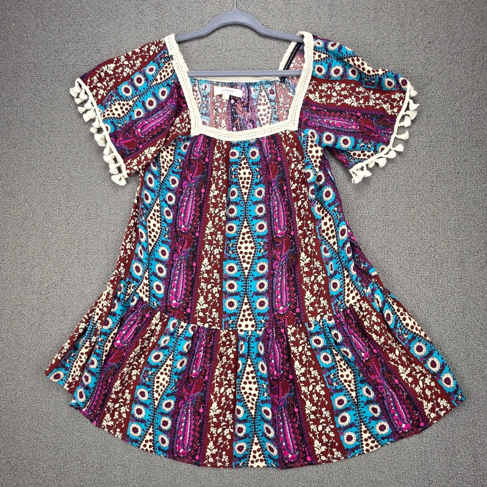 Umgee Womens Paisley‎ Tassel Crochet Tunic Dress Small Multicolor